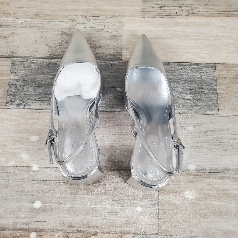Schutz Blanche Mid Womens Pumps Sz 5 B Block Heel Prata Metallic Slingback Strap